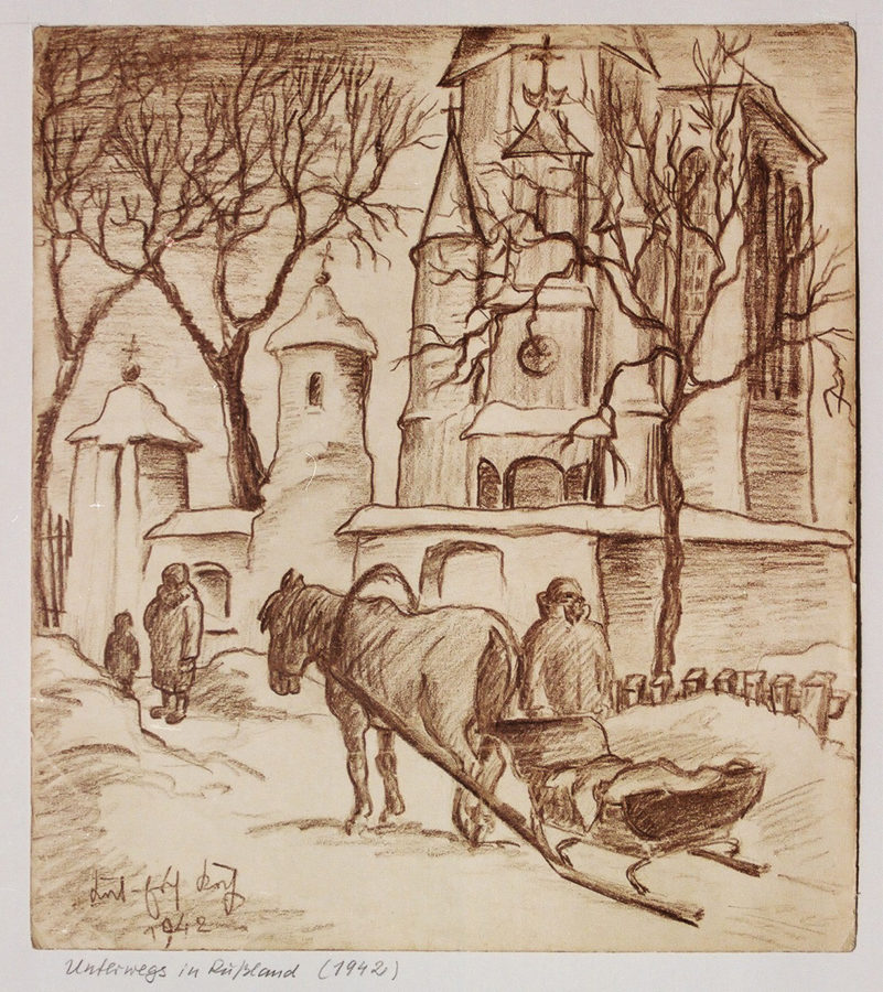 Unterwegs in Russland, 1942, Kohlezeichnung in braun